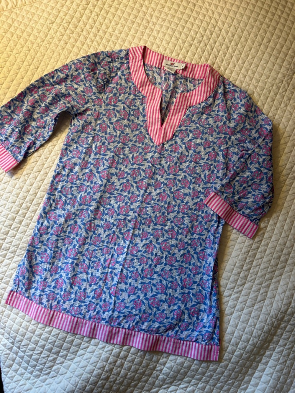 Vineyard Vines Striped Trim and Overall Sea Turtles Childs Tunic - Pink & Blue